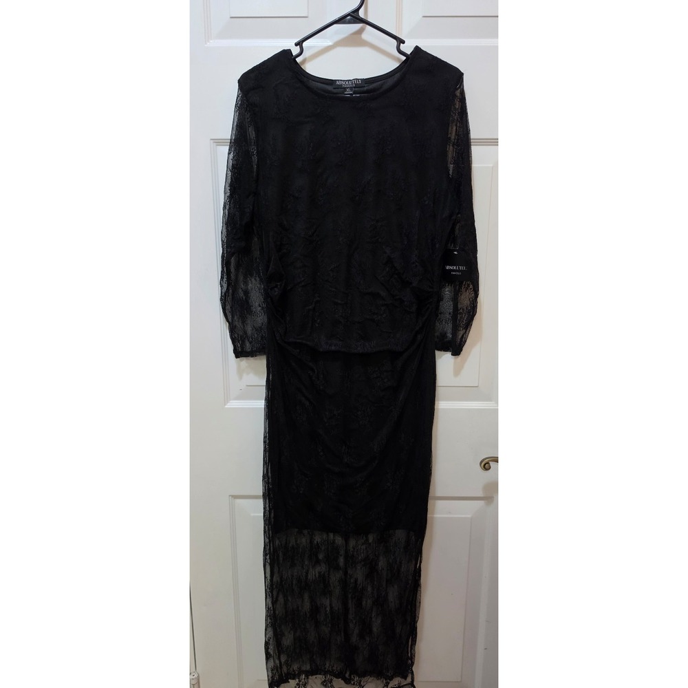 Absolutely Famous Black Floral Lace Maxi Dress Sheer Overlay Sz XL NWT